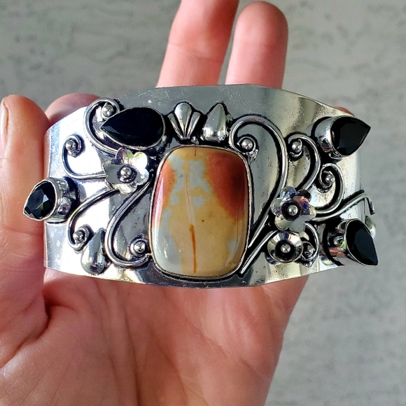 New Mookaite Jasper and Spinnel Cuff 925 Silver Bracelet. - Picture 7 of 16